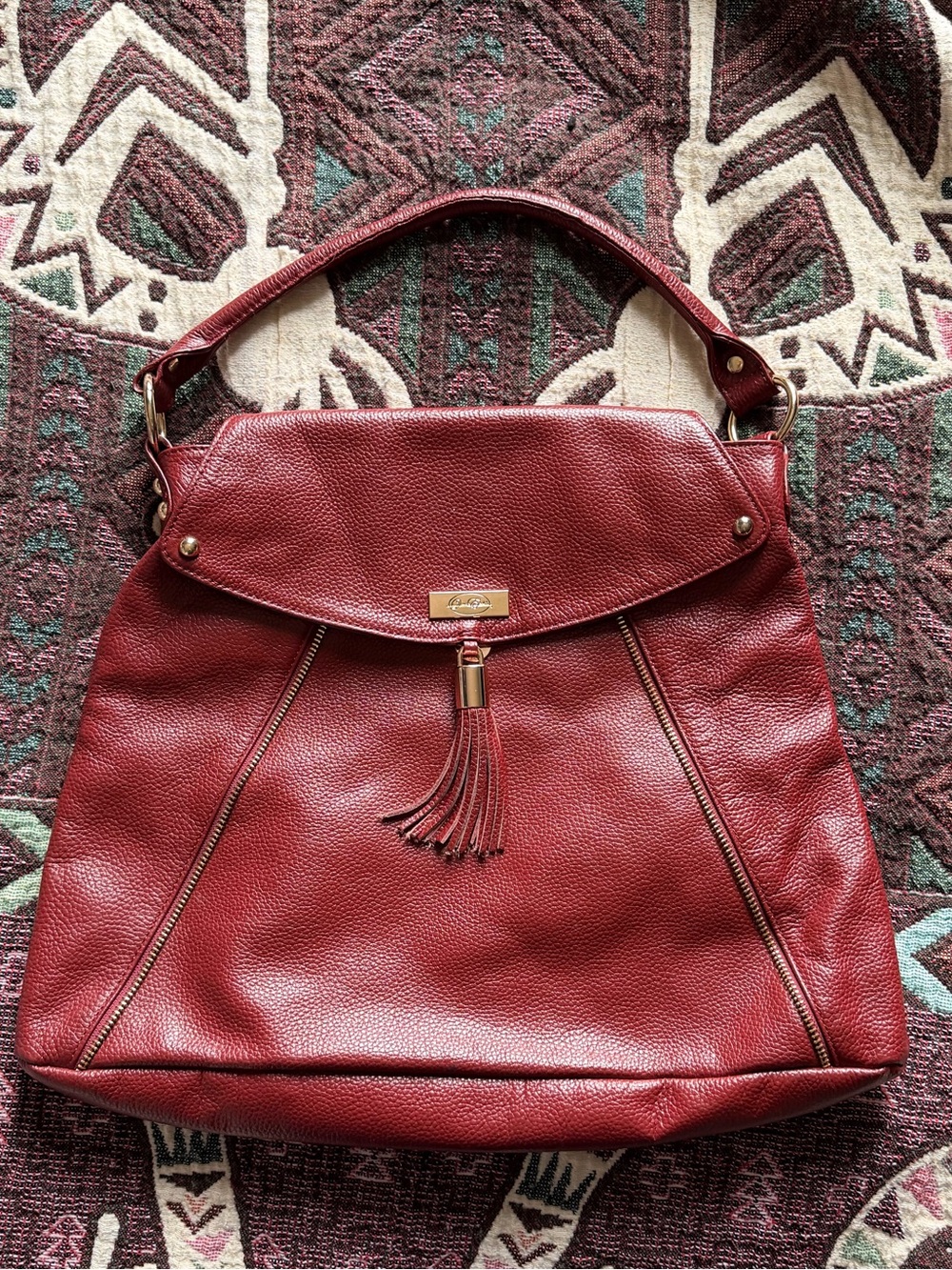 Onna Ehrlich Red Pebbled Leather Kelly Hobo Handbag Tassel Charm Purse Bag